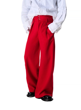 牧羊帅 cleanfit阔腿直筒休闲西裤男四季款百搭红色垂感拖地长裤