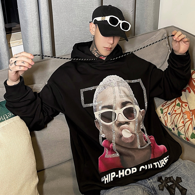 d040 美式高街hiphop人像印花套头连帽卫衣春季新款情侣宽松上衣