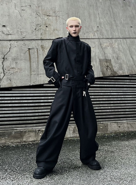 牧羊帅 2025秋季立领黑色垫肩夹克外套男阔腿垂感拖地弯刀裤套装