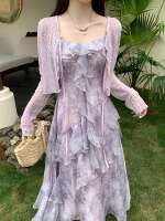 A stunning purple floral halter dress and cardigan with ruffles, two-piece set. It's a slimming long dress for plus-size girls in summer thumbnail 2