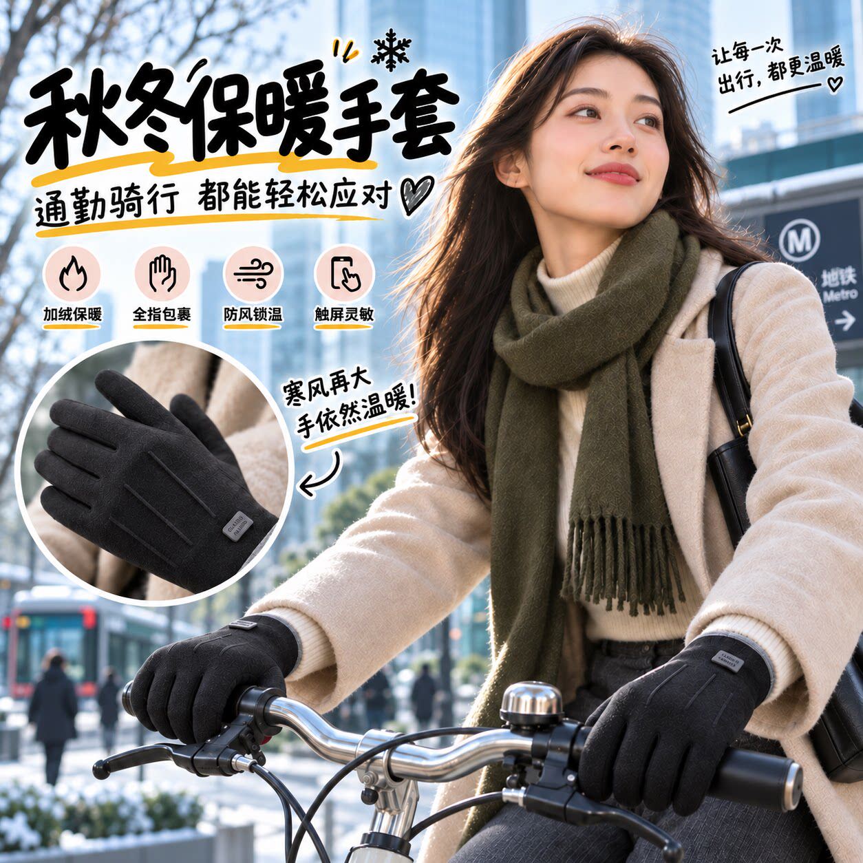 保暖手套女秋冬触屏加厚户外骑行