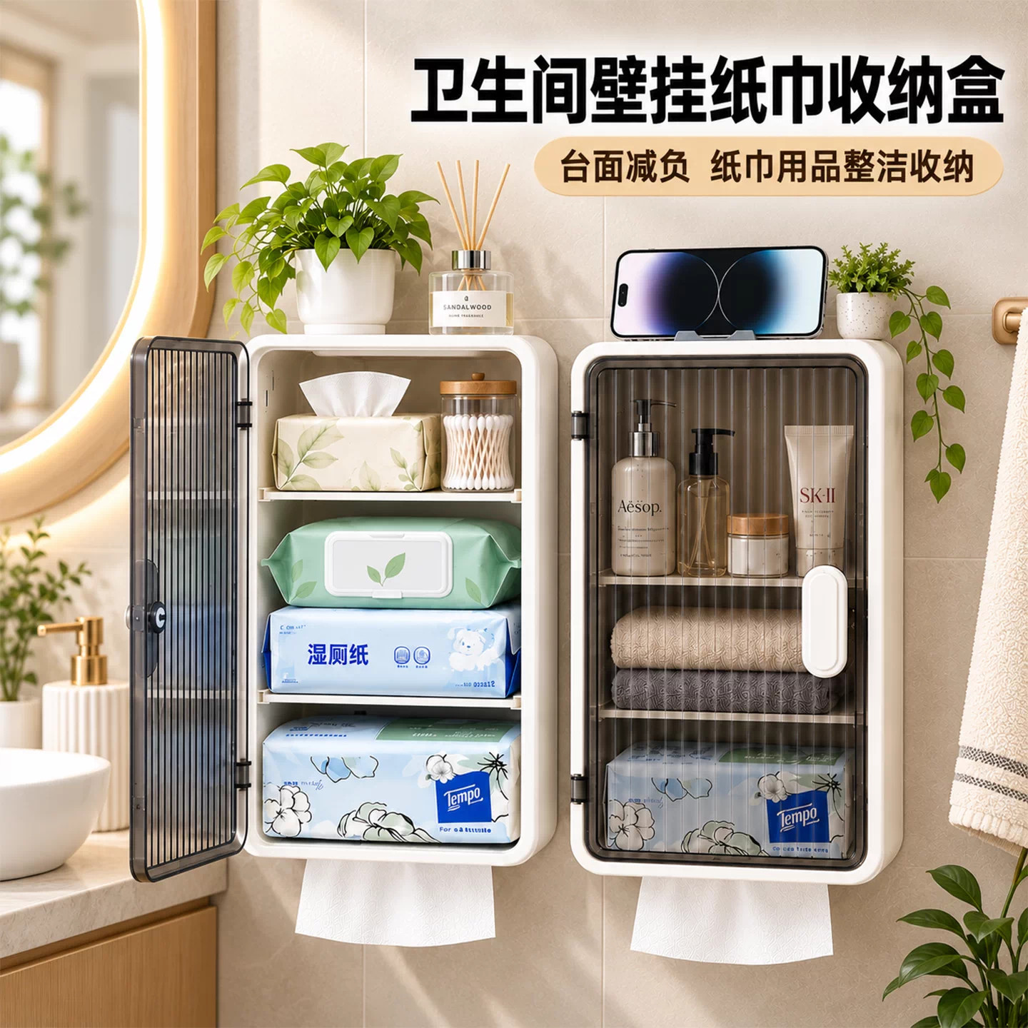 卫生间壁挂纸巾收纳盒纸巾盒浴室打孔防水纸盒厕所卫生纸置物架子