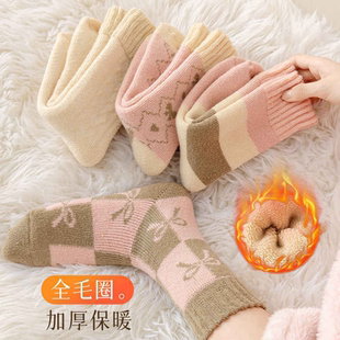 加绒厚袜子秋冬款加厚女毛圈潮款高筒纯色保暖拼接冬天长袜中筒袜