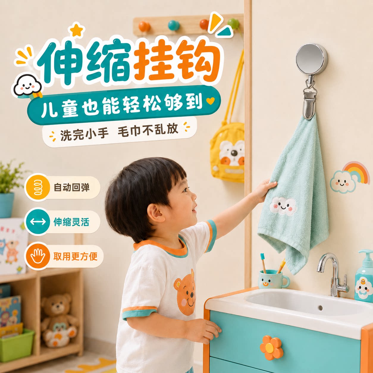 免打孔自动回弹伸缩毛巾夹套装