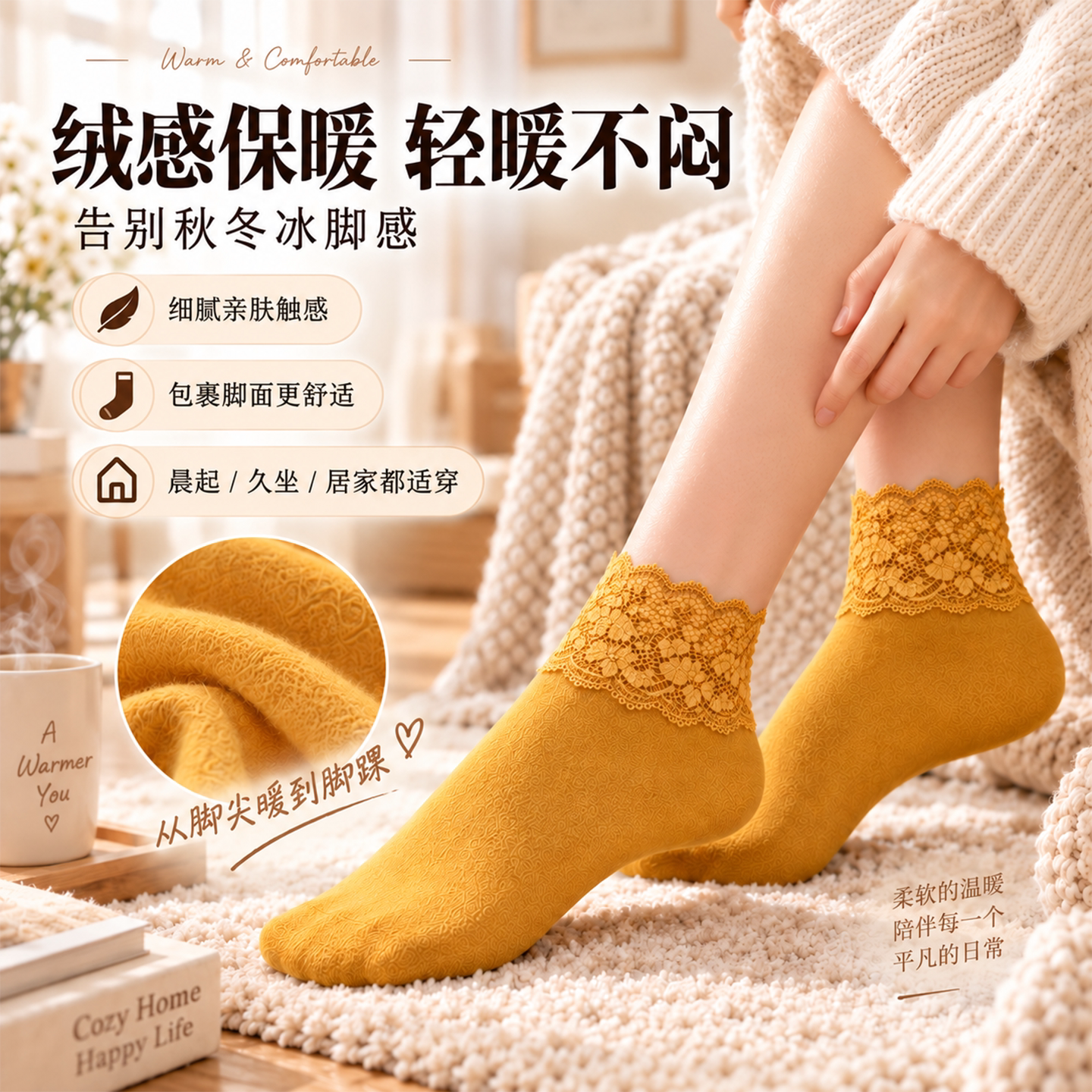 女士秋冬加厚花边镂空蕾丝短袜