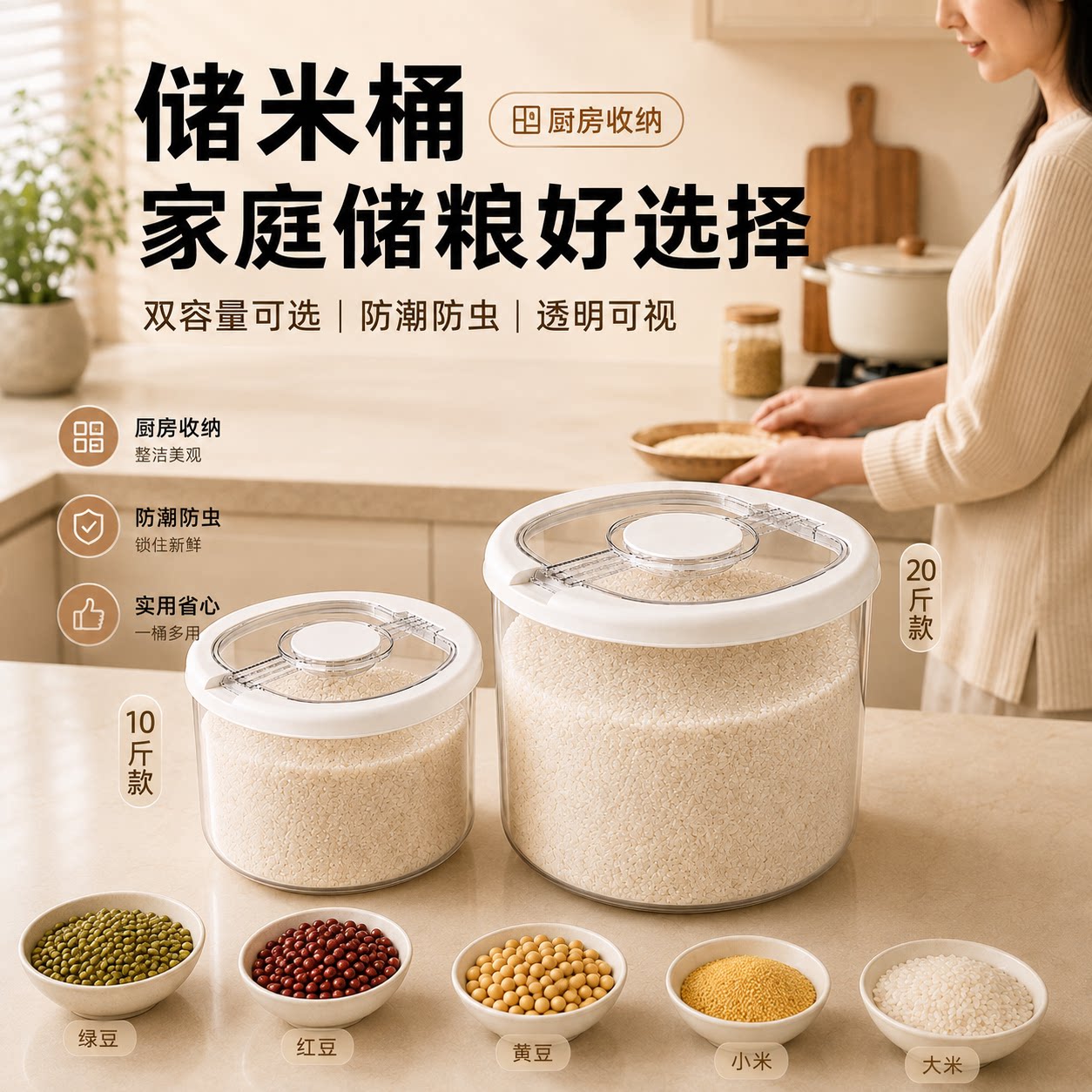家用防虫防潮密封米桶大容量储存罐米缸面粉储米箱圆形轻奢透明桶