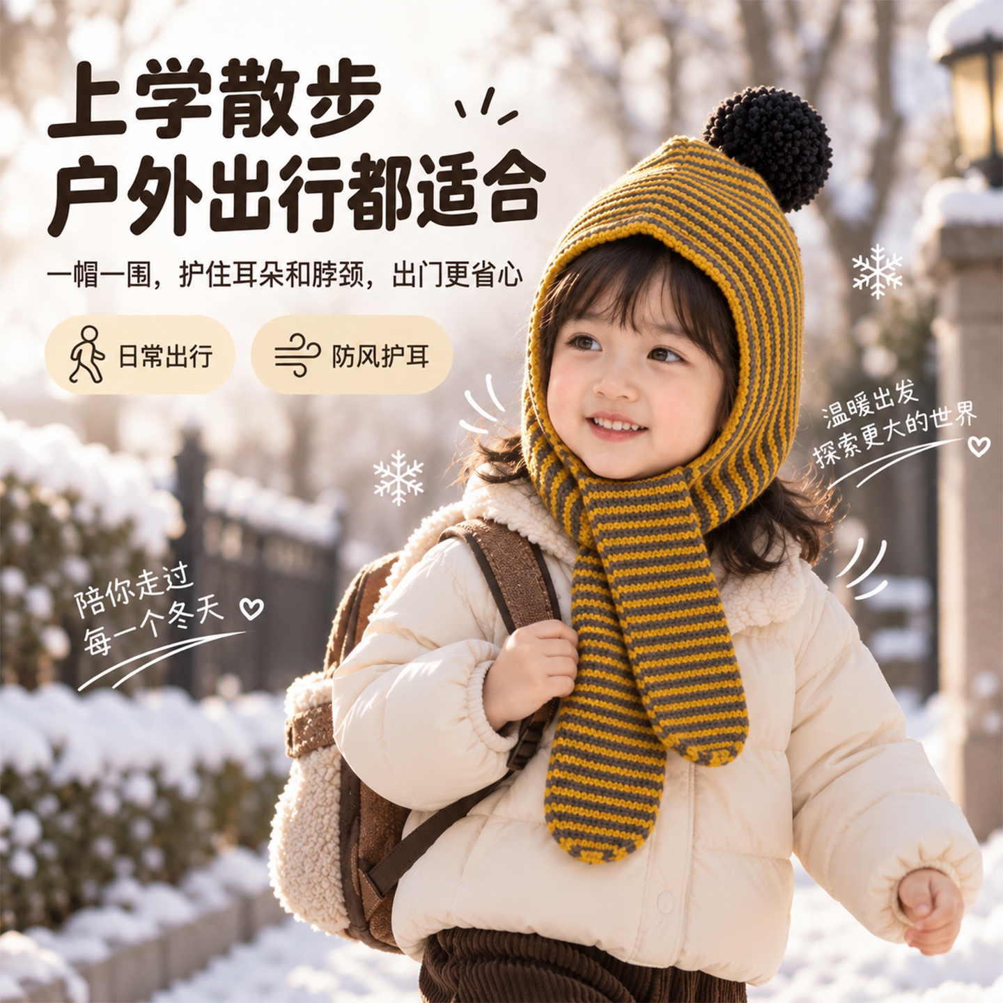 儿童帽子围巾一体秋冬季保暖防风条纹男女童针织毛线宝宝护耳帽