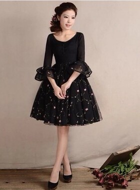 烟花YZ2022春秋女装新款甜美修身欧根纱显瘦七分袖连衣裙 花萱