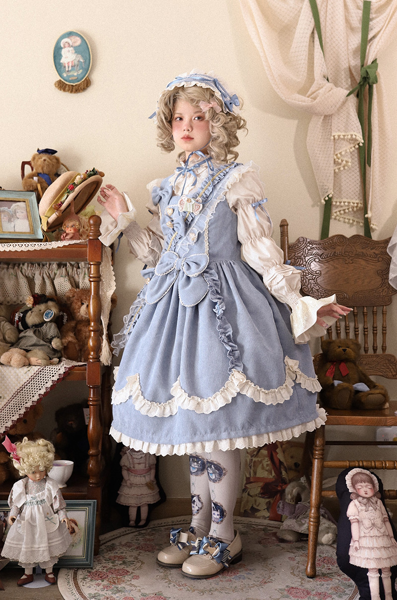【现货包邮】+小玩偶+lolita复古doll感灯芯绒jsk+