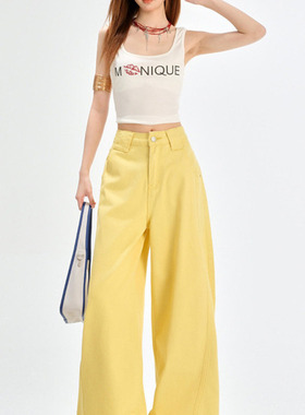 CAMPING KIDDIE欧美黄色阔腿牛仔裤女春季2025新款高腰垂感拖地裤