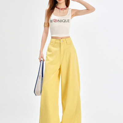 CAMPING KIDDIE欧美黄色阔腿牛仔裤女春季2025新款高腰垂感拖地裤