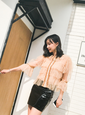 网纱上衣女2022夏季新款宽松荷叶立体装饰边手工钉珠气质可爱时尚