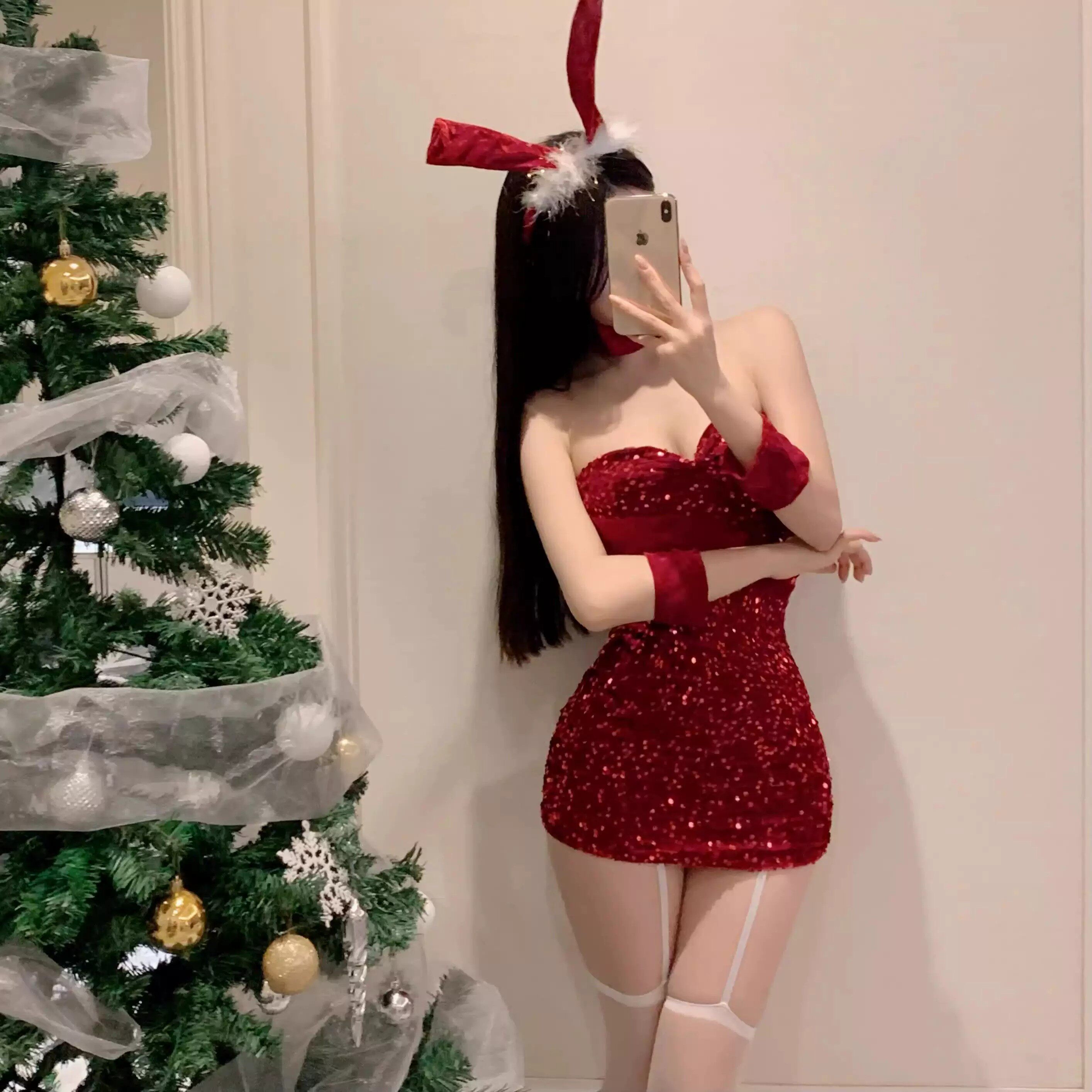 性感兔女郎闪光亮片制服红色圣诞包臀抹胸裙跨年新款夜店表演服女