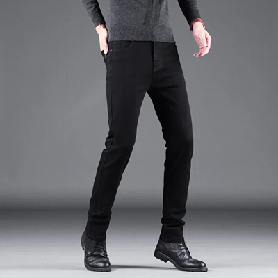 Spring Autumn New Men's Pure Black Slim Jeans Elastic Strai
