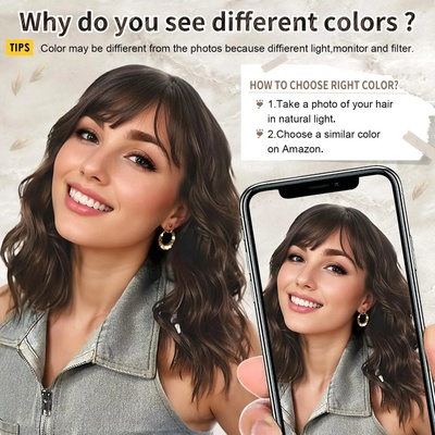 HAIR Natural Brown Synthetic Curly Wavy Bob Wig with Bangs