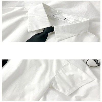 White Shirt Women Blusas Short Sleeve Lapel Blouse with Tie