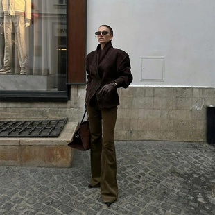 Fashion Dark Color Suede Fabric Stand Up Collar Jacket Wome