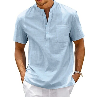 Cotton Linen Shirt Men Henley Neck Pocket Casual Beach Shor