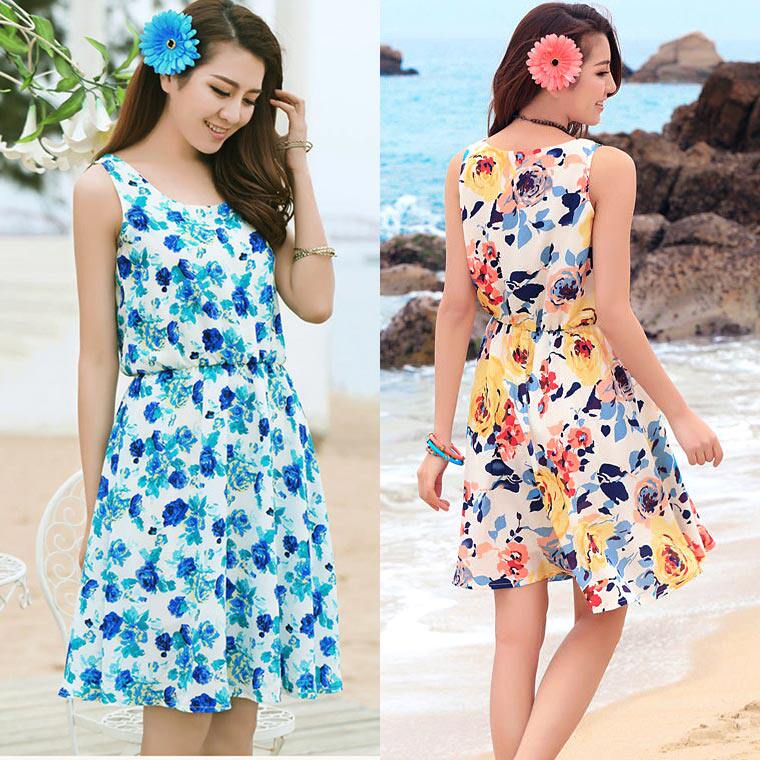 亏本清仓！春夏大花雪纺松紧收腰大摆背心裙沙滩渡假波西米亚裙