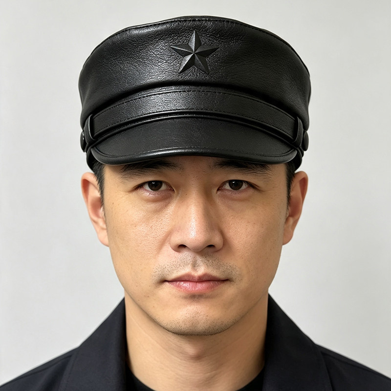 高档真皮帽子男女山羊皮韩版中青年春秋冬户外机车鸭舌平顶海军帽