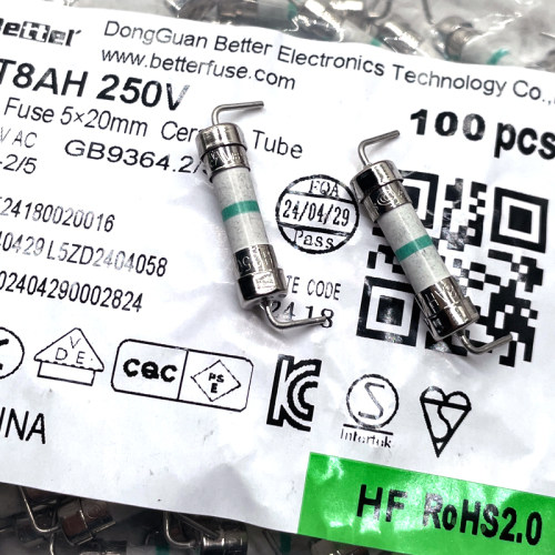 BETTEL 524 T8AH 250V 5X20 250VAC 陶瓷 带脚 保险丝 8A 慢熔断
