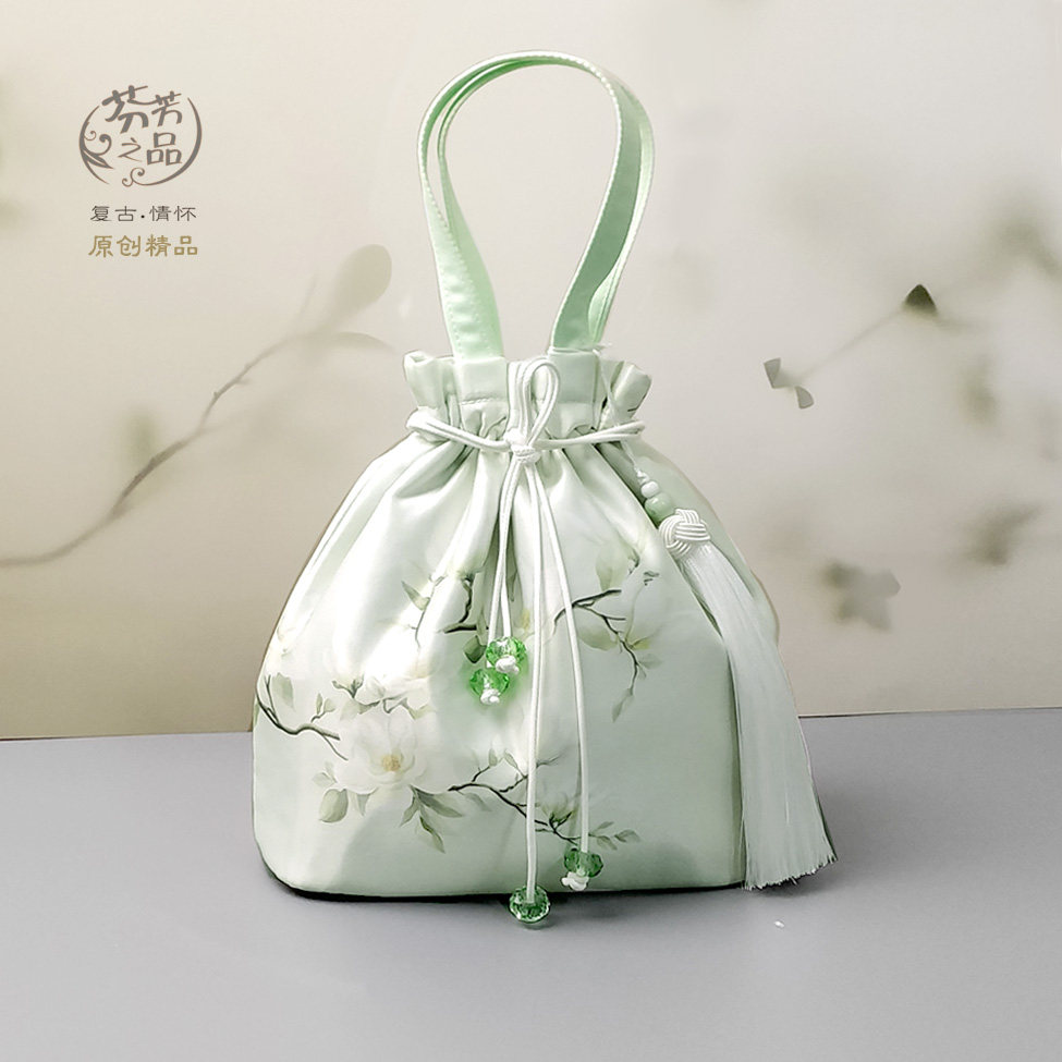 芬芳之品原创新中式印花小包2026新款玉兰花束口手提包淡绿色女包