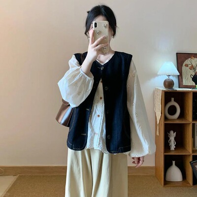 孕妇装秋装套装2026新款复古牛仔马甲衬衫女阔腿裤休闲秋季三件套 — 1