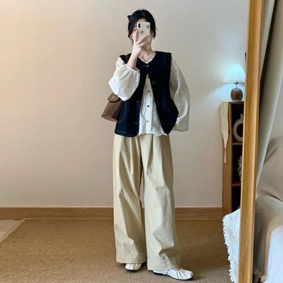 孕妇装秋装套装2026新款复古牛仔马甲衬衫女阔腿裤休闲秋季三件套 — 2