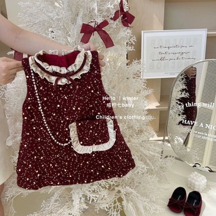 新中式女童加绒背心裙圣诞节新款周岁礼服小童宝宝洋气公主裙冬装