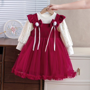 女童连衣裙套装秋冬新款儿童洋气加绒背带裙宝宝加厚公主裙两件套