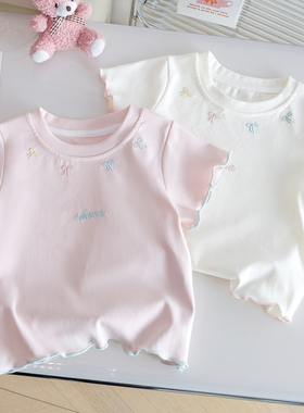 女童纯棉短袖T恤26新款夏季儿童蝴蝶结上衣宝宝韩版百搭打底衫潮3