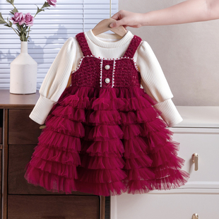 女童加绒连衣裙秋冬新款女宝宝洋气蛋糕裙儿童公主礼服两件套裙子