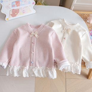 女童甜美加绒打底衫25新款秋冬可爱洋气针织衫女宝花边蝴蝶结上衣
