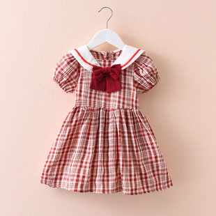 学院风女童裙子2023新款中小童夏天洋气韩版红色格子女宝宝连衣裙
