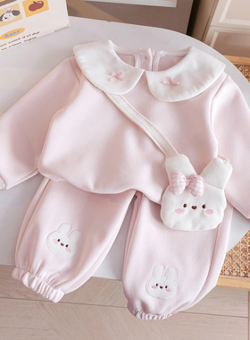 女宝宝可爱套装26春秋新款女童娃娃领卫衣卡通贴布绣花卫裤两件套