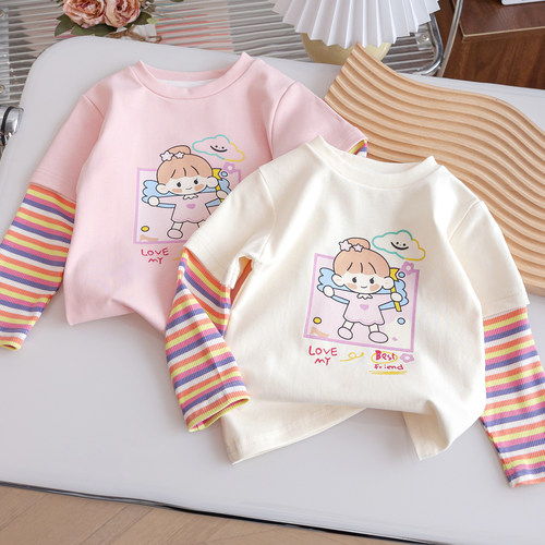 圆领卡通长袖条纹拼接打底衫T恤