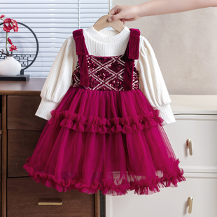 女童加绒连衣裙秋冬新款红色年服套装洋气两件套礼服宝宝公主裙子