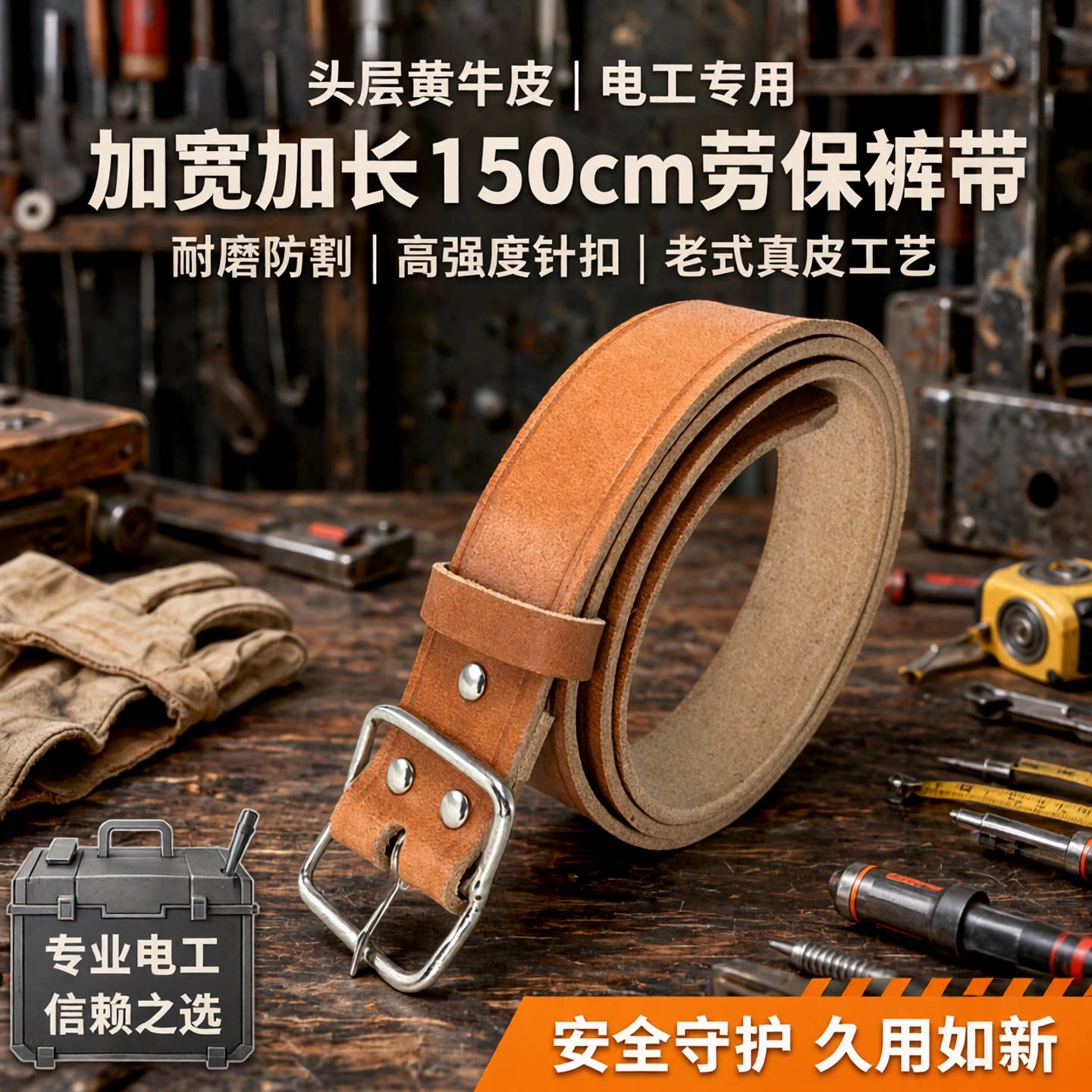 加宽加长150cm头层牛皮电工腰带特长劳保裤带老式黄牛皮真皮针扣