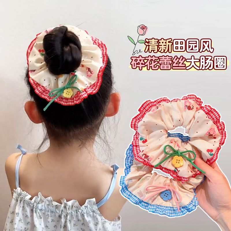 樱桃小熊森系花朵纽扣蕾丝边大肠发圈手作发饰红色发绳头饰发饰