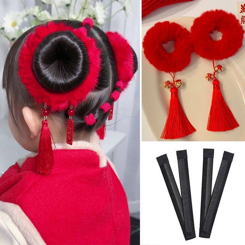儿童新年小福娃发型发饰中国风毛绒流苏发圈大红喜庆丸子头头饰