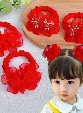 女童大红花小肠发圈小女孩表演珠心发饰节日喜庆红色玫瑰花头绳
