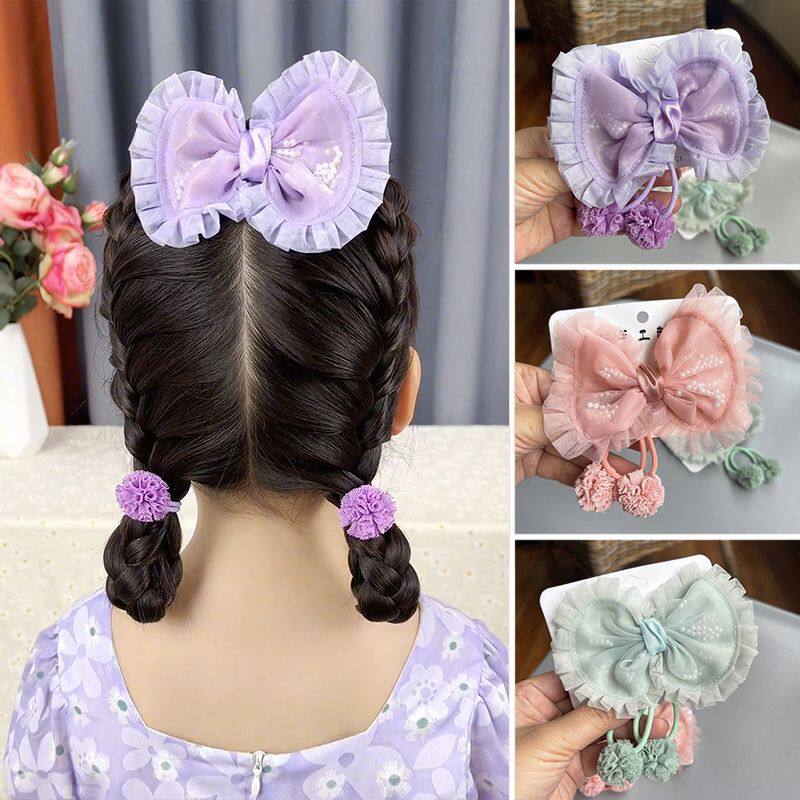 小女孩可爱花边纱纱蝴蝶结发夹网纱球球发绳组合萝莉感雪纱珠发饰