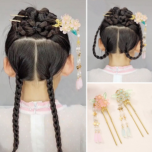儿童古风汉服头饰流苏朵花发钗步