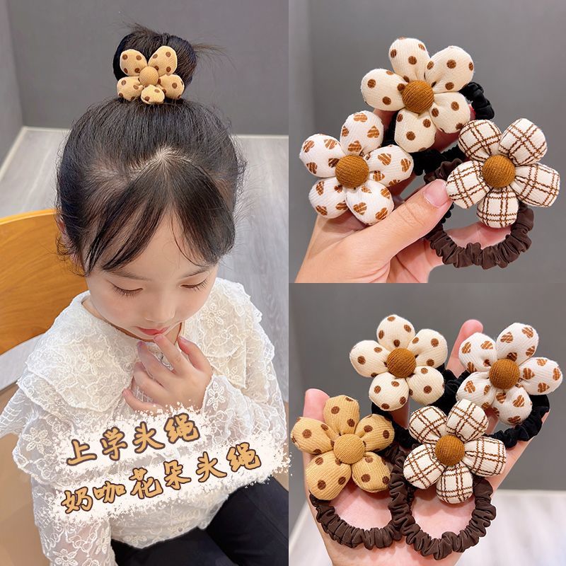 2024秋款儿童布艺花朵头绳亲子女童奶茶系柔暖风波点英伦格子发圈