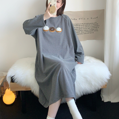条纹加厚德绒睡裙女秋冬宽松大码