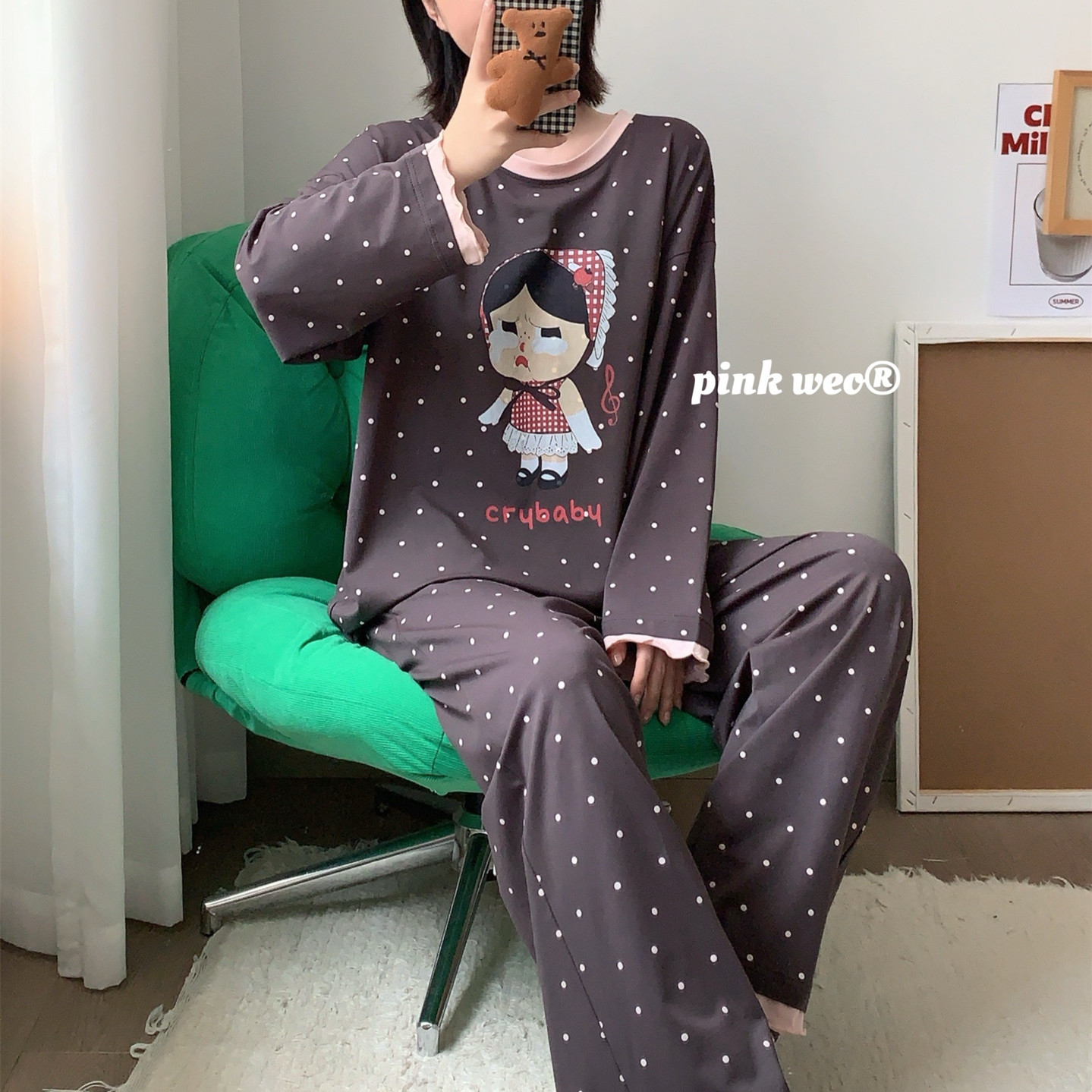可爱女孩波点棉质睡衣女秋季长袖长裤套装宽松休闲可外穿家居服