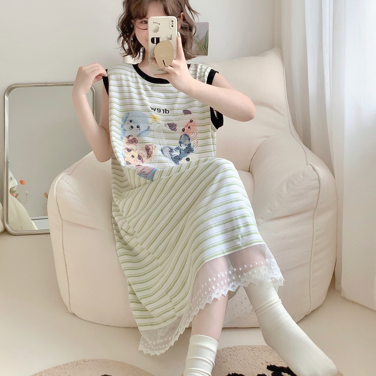 卡通可爱小狗条纹纯棉睡裙女夏
