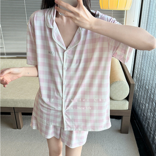 女夏薄款 格子小熊冰丝短袖 睡衣套装 开衫 宽松休闲翻领家居服 短裤