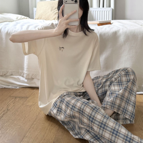 小马格子短袖长裤睡衣套装女夏