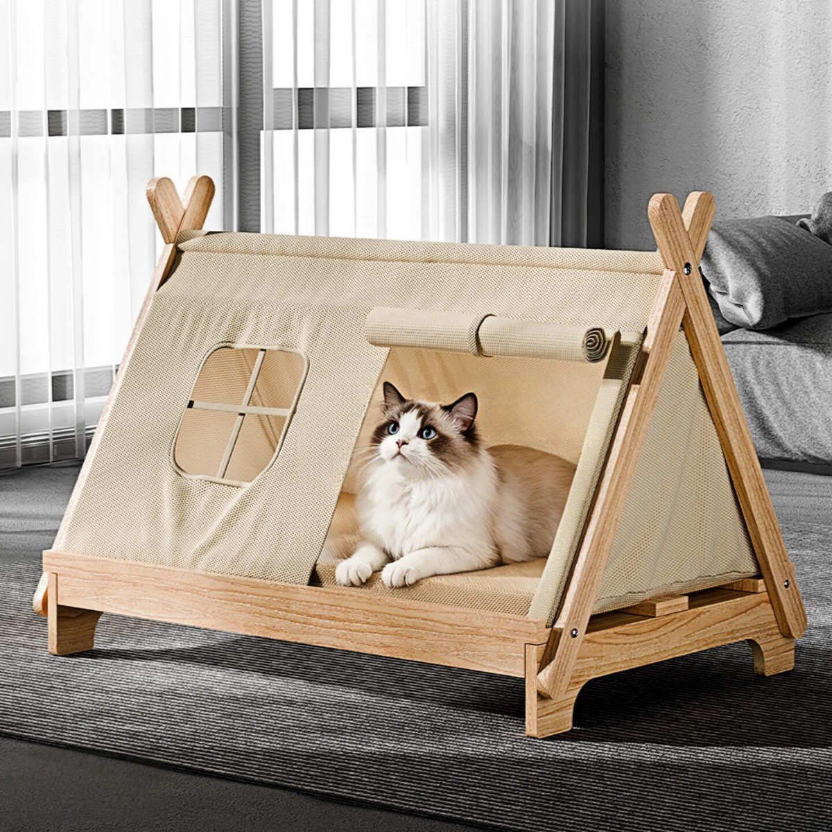 宠物帐篷实木猫窝夏季半封闭式安全感猫咪屋四季通用猫床宠物沙发
